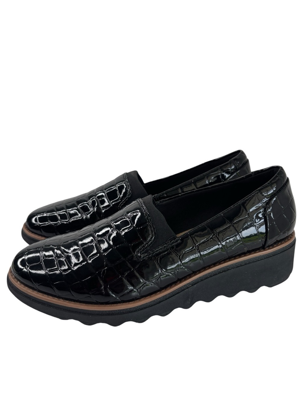 Clarks Sharon Dolly Loafers Womens Shoe Size 7.5 Black Croc Pattern Faux Leather